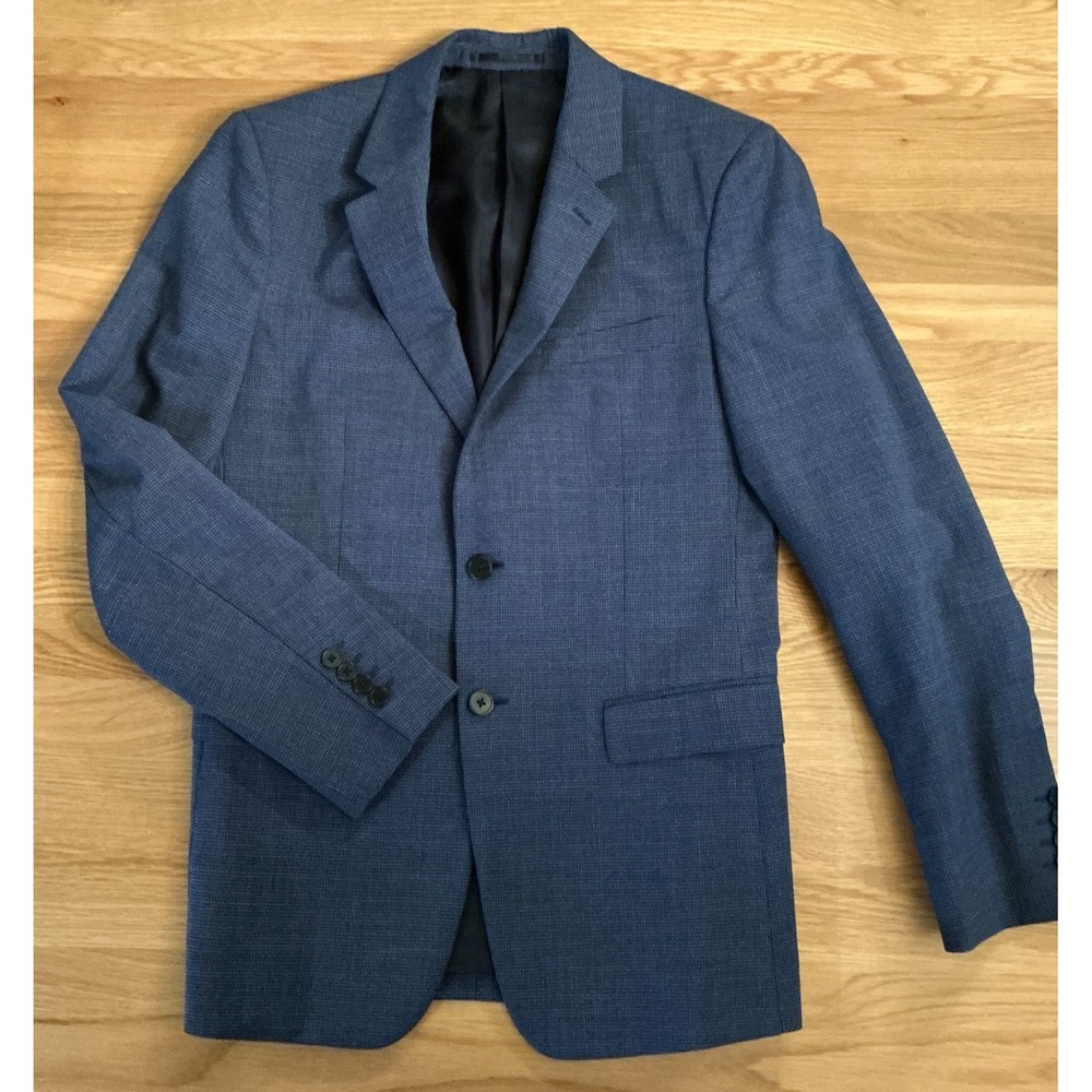 Theory Chambers Mens 36R Blue Textured Micro Check 100% Virgin Wool Blazer
